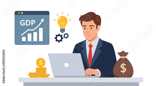 Man Working on Laptop with GDP Growth Chart, Lightbulb Idea, and Money Bag - Business Finance Vector Illustration