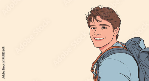A young man stands with a backpack, smiling while looking towards the camera in a light-colored background.