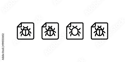 Four square icons with rounded corners and folded corner showing bugs representing software errors or problems concept on white background