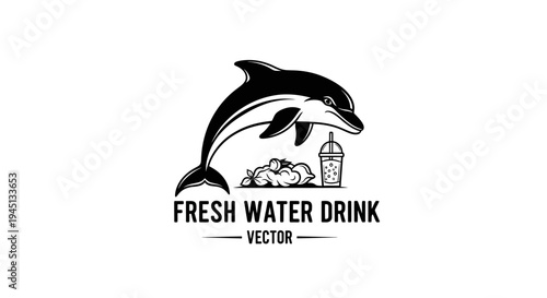 Dolphin and Fresh Water Drink Vector Logo Illustration
