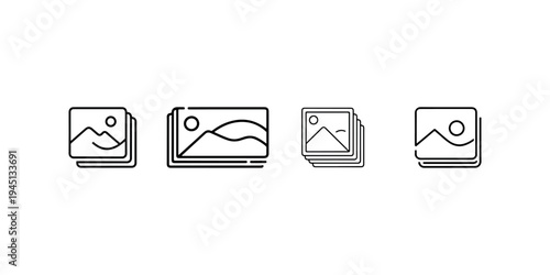 Gallery icon set of photo stack symbols for image album collection in outline style flat line art for digital picture library and photography interface