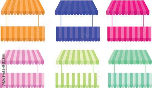 Striped Shop Awnings Set: Vector Illustration of Vintage Market Canopies Isolated on Light Background	