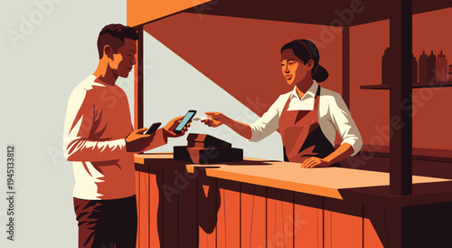 Customer paying with smartphone at a checkout counter, vector illustration for retail and payment concepts
