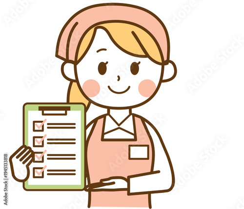 チェックリストを持って説明するスーパーマーケットの女性スタッフのイラスト