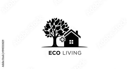Eco Living House and Tree Silhouette Logo - Sustainable Home and Health Concept