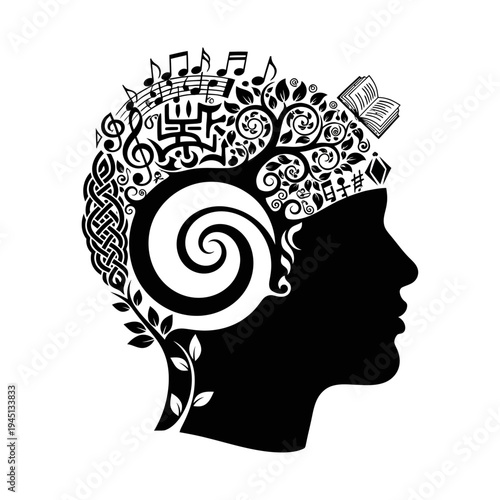 Human head silhouette with gears inside representing thinking mind and creativity