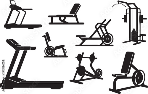 Black silhouettes of various gym equipment exercise machines