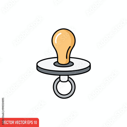 A stylized icon of a baby's pacifier with a tan nipple and gray shield