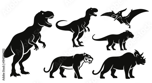 Prehistoric Animals Silhouettes Set: Dinosaurs, Saber-toothed Tiger, Pterodactyl, and Woolly Rhino