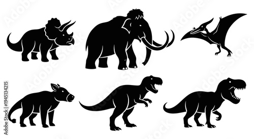 Prehistoric Animals Silhouettes Set: Dinosaurs, Woolly Mammoth, and Ancient Mammal Collection