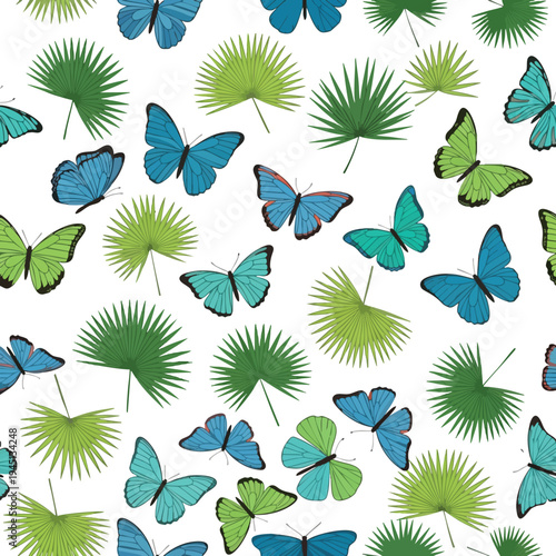 Seamless pattern of blue and green butterflies with palm leaves