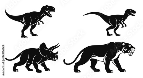 Prehistoric Animals Silhouettes Set: T-Rex, Triceratops, Velociraptor, and Saber-toothed Tiger Icons
