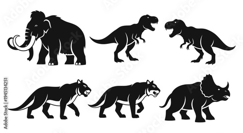 Prehistoric Animals Silhouettes Set: Mammoth, Dinosaurs, and Saber-toothed Tiger