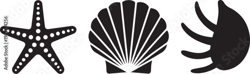 Black starfish seashell and crab silhouettes