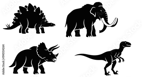 Prehistoric Animals Silhouettes Set: Stegosaurus, Mammoth, Triceratops, and Velociraptor Icons