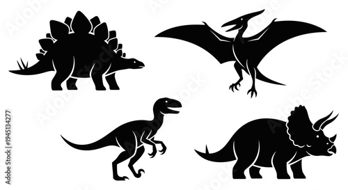 Prehistoric Dinosaur Silhouettes Set: Stegosaurus, Pterodactyl, Raptor, Triceratops