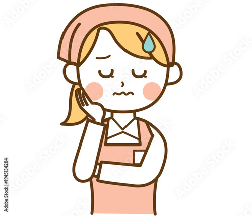 困った顔をして悩んでいるスーパーマーケットの女性スタッフのイラスト