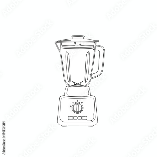 Detailed line drawing of a kitchen blender with a pitcher, lid, and control panel