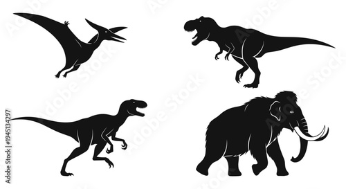 Prehistoric Extinct Animals Silhouettes: Dinosaur and Mammoth Collection