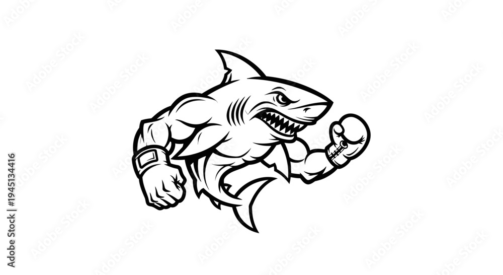 Naklejka premium Muscular Shark Mascot Flexing Biceps in Boxing Pose