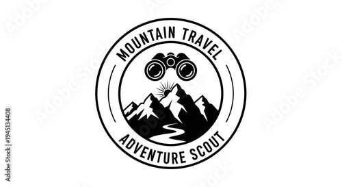 Mountain Travel Adventure Scout Logo with Binoculars and Landscape Design