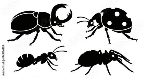 Various Insect Silhouettes Set: Beetle, Ladybug, and Ant Vector Icons