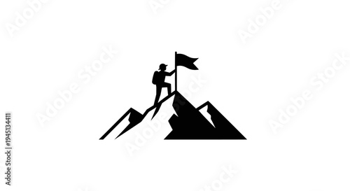 Mountain Climber with Flag on Peak, Symbol of Success and Achievement