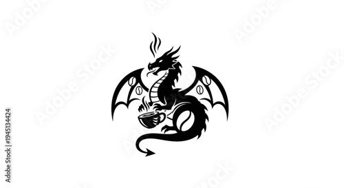 Mythical Black Dragon Holding Steaming Coffee Cup with Coffee Bean Wings