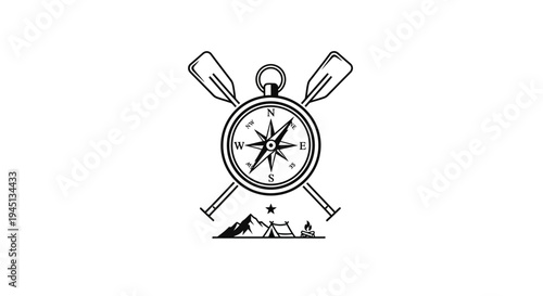 Outdoor Adventure Emblem with Compass, Paddles, Tent, and Mountains