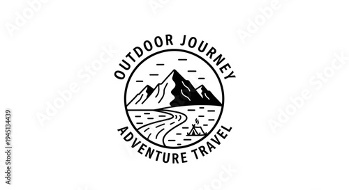 Outdoor Journey Adventure Travel Logo with Mountains, River, and Tent