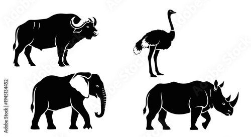 Wild African Animals Silhouettes Set: Elephant, Rhino, Ostrich, Buffalo
