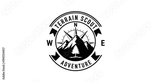 Outdoor Adventure Terrain Scout Emblem with Mountains and Compass Rose