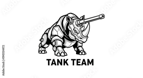Powerful armored rhinoceros with tank cannon horn, black and white mascot logo illustration