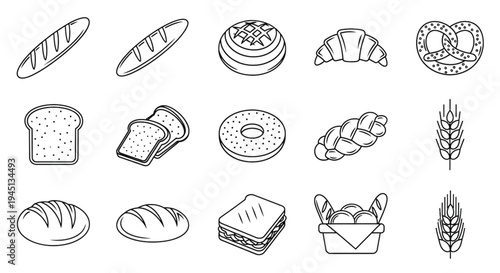 Bread Bakery Line Icons Set Baguette Pretzel Croissant Toast Outline Vector