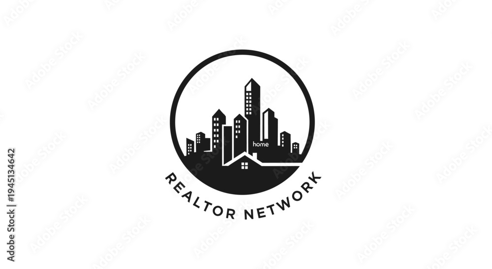 Obraz premium Realtor Network City Skyline Logo with House Icon for Real Estate Business