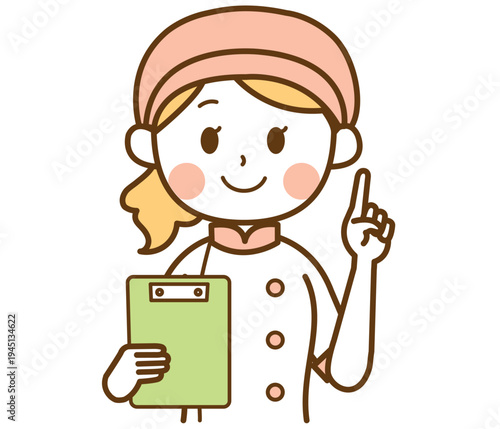 バインダーを持って説明するパン屋の女性スタッフのイラスト