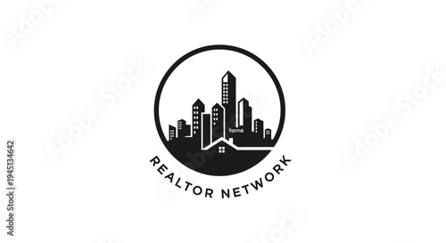 Realtor Network City Skyline Logo with House Icon for Real Estate Business