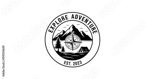Retro Mountain Adventure Logo with Compass and Camping Tent