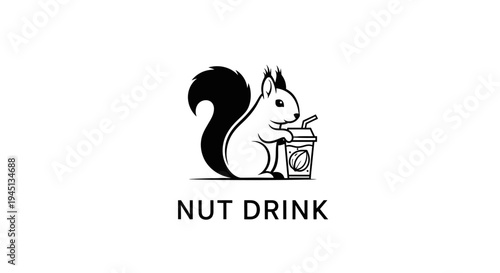 Squirrel Mascot Logo Holding Nut Drink Cup Black and White Illustration
