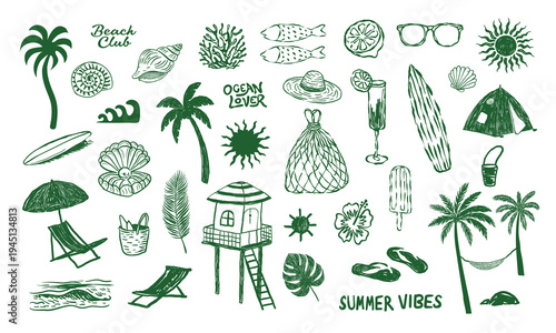 Hand drawn beach vibes doodles.Summer good vibes vector graphic design for apparel, posters, background and others. Beach modern abstract art. Ocean abstract wave. Palm paradise. Summer vibes aliments