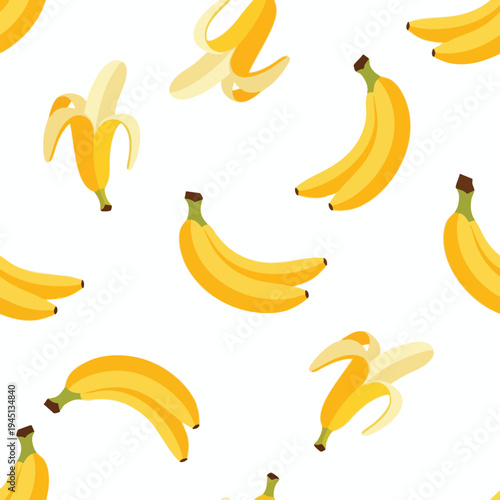 A bright and cheerful background pattern featuring various yellow bananas, some peeled