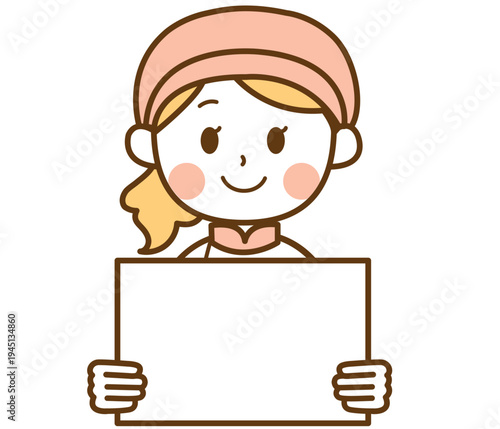 ホワイトボードを持っているパン屋の女性スタッフのイラスト