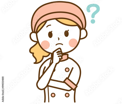 頭上にはてなマークを浮かべて疑問に思っているパン屋の女性スタッフのイラスト