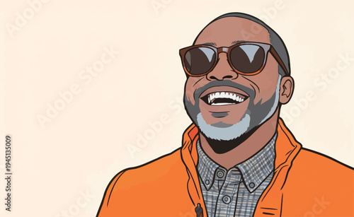A man smiles widely while wearing sunglasses and an orange jacket. He looks happy in a cheerful setting.