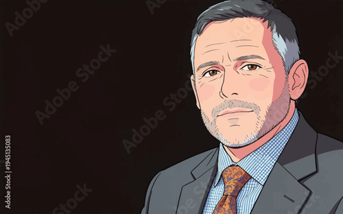 A man stands still, wearing a suit and tie, showing a serious expression with gray hair and beard in front of a dark background.