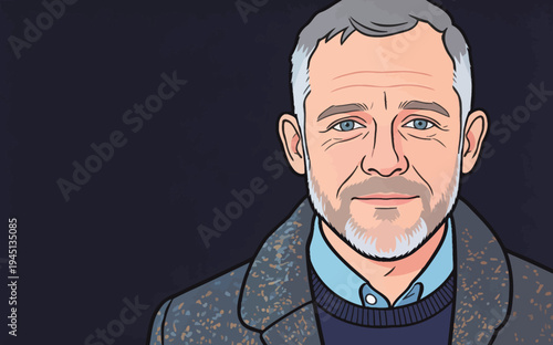 A man with gray hair and light blue eyes stands in front of a dark background. He wears a coat and smiles gently.