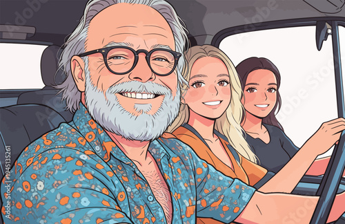 Three people sit inside a car, smiling while taking a selfie on a bright summer day. They seem happy and relaxed during the ride.