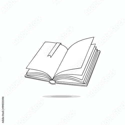 An open book with a bookmark, pages fanned, casting a shadow below