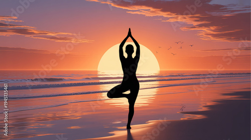 Vector silhouette of woman practicing yoga on beach at sunset