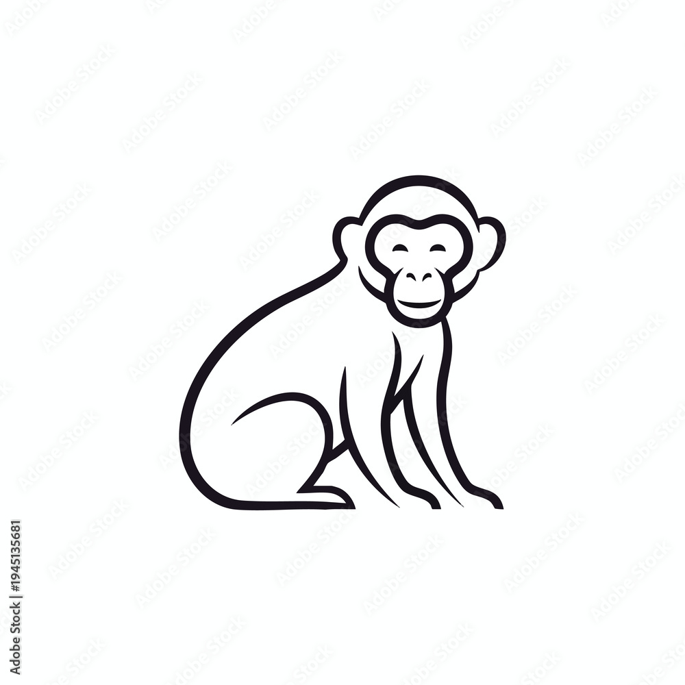 Obraz premium Stylized minimalist black line art of a smiling monkey sitting